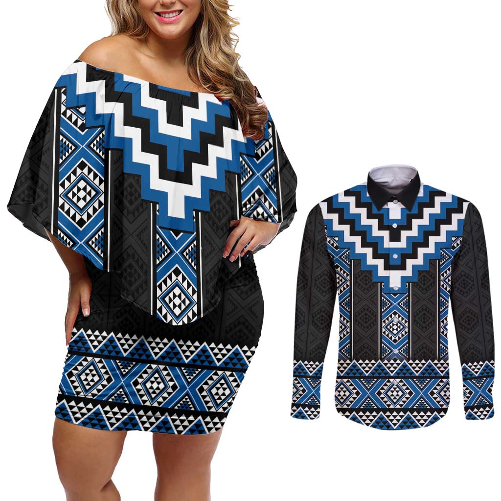 Blue Taniko Aotearoa Couples Matching Off Shoulder Short Dress and Long Sleeve Button Shirt Niho Taniwha Mix Poutama LT14