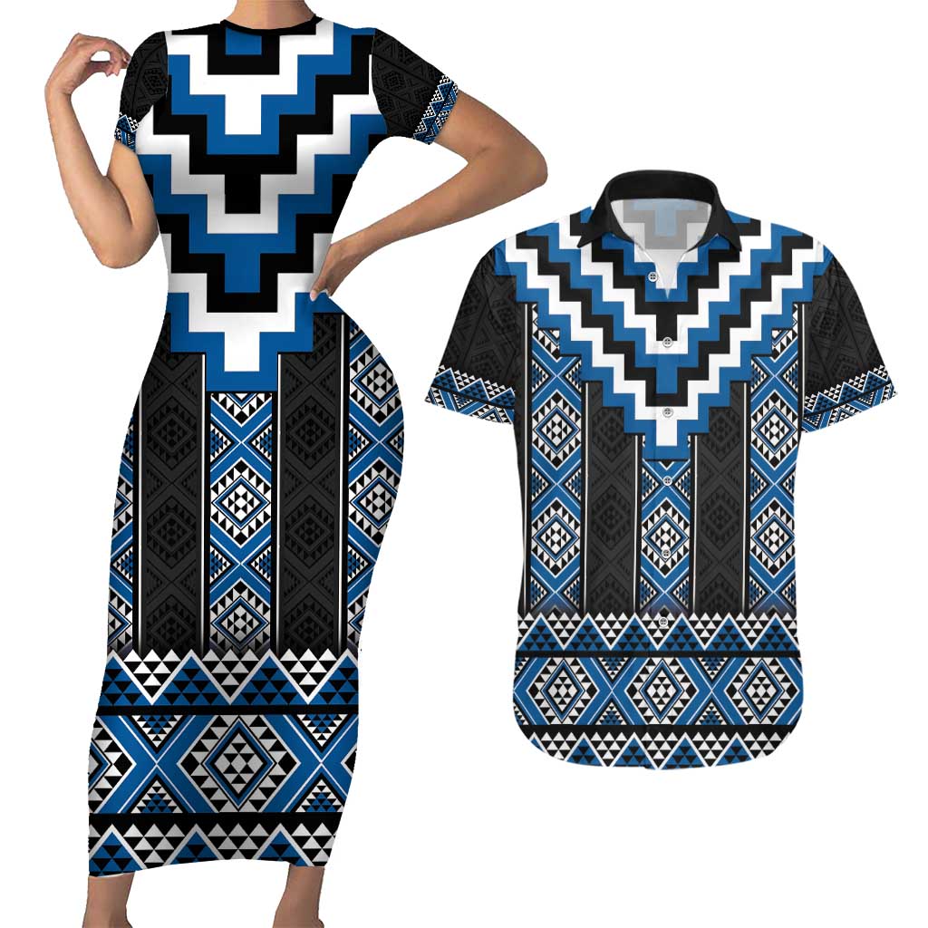 Blue Taniko Aotearoa Couples Matching Short Sleeve Bodycon Dress and Hawaiian Shirt Niho Taniwha Mix Poutama LT14