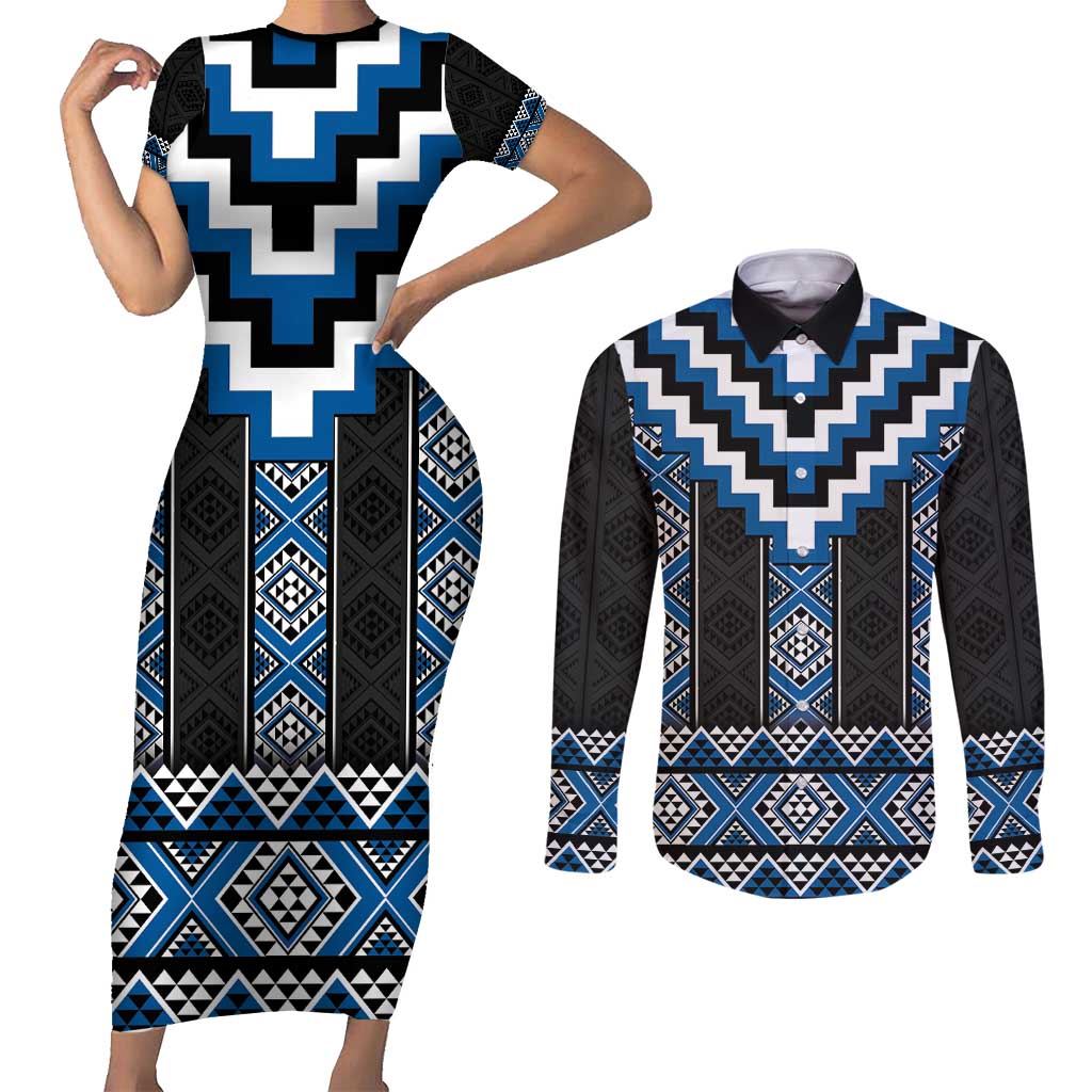 Blue Taniko Aotearoa Couples Matching Short Sleeve Bodycon Dress and Long Sleeve Button Shirt Niho Taniwha Mix Poutama LT14