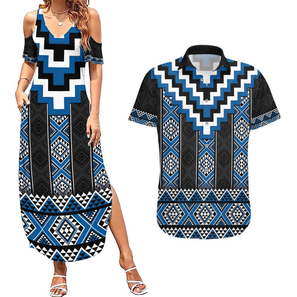 Blue Taniko Aotearoa Couples Matching Summer Maxi Dress and Hawaiian Shirt Niho Taniwha Mix Poutama LT14
