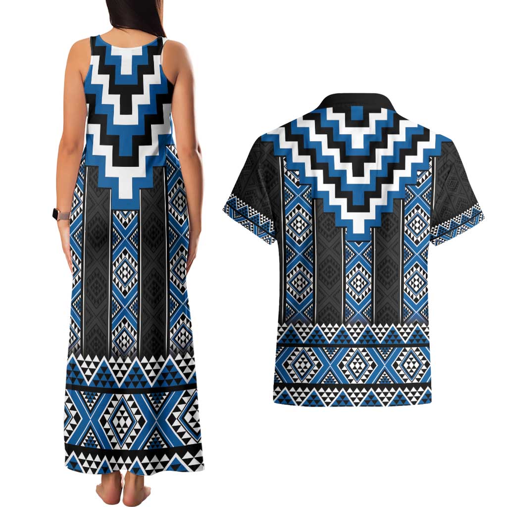 Blue Taniko Aotearoa Couples Matching Tank Maxi Dress and Hawaiian Shirt Niho Taniwha Mix Poutama LT14