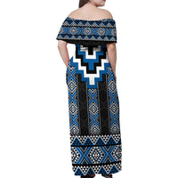 Blue Taniko Aotearoa Family Matching Off Shoulder Maxi Dress and Hawaiian Shirt Niho Taniwha Mix Poutama LT14