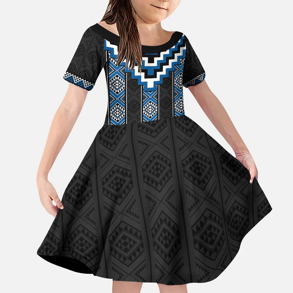 Blue Taniko Aotearoa Kid Short Sleeve Dress Niho Taniwha Mix Poutama LT14