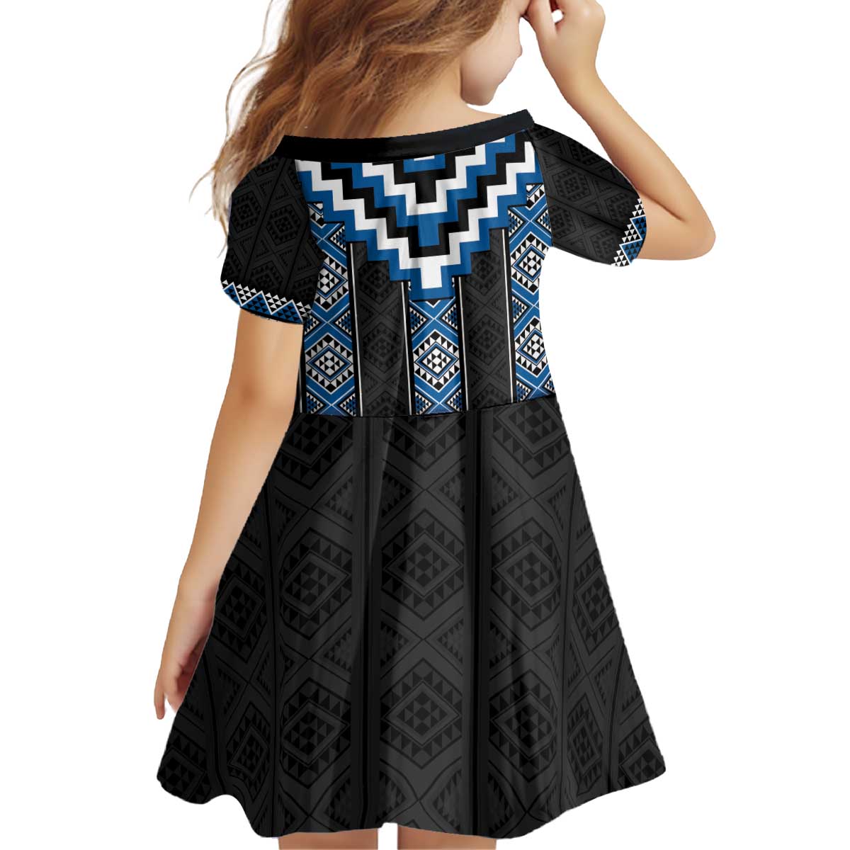 Blue Taniko Aotearoa Kid Short Sleeve Dress Niho Taniwha Mix Poutama LT14