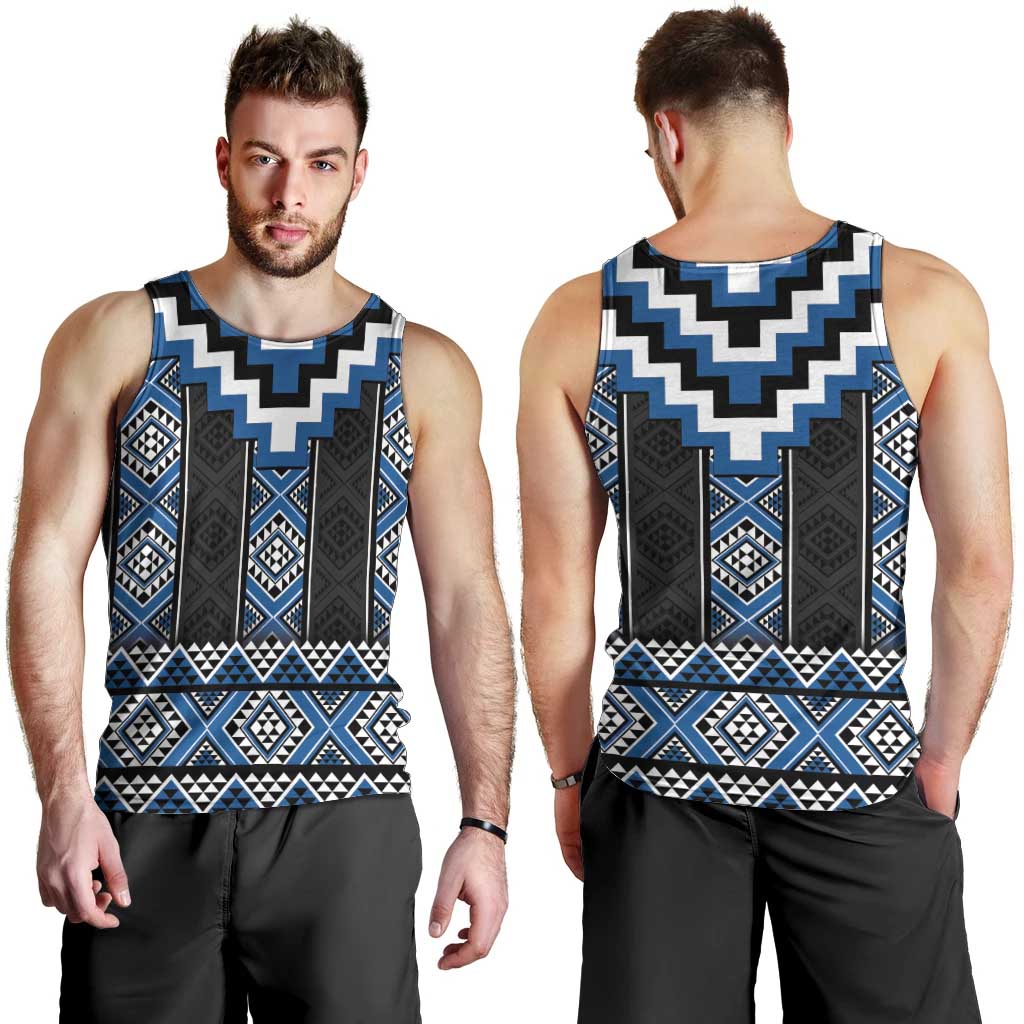 Blue Taniko Aotearoa Men Tank Top Niho Taniwha Mix Poutama LT14