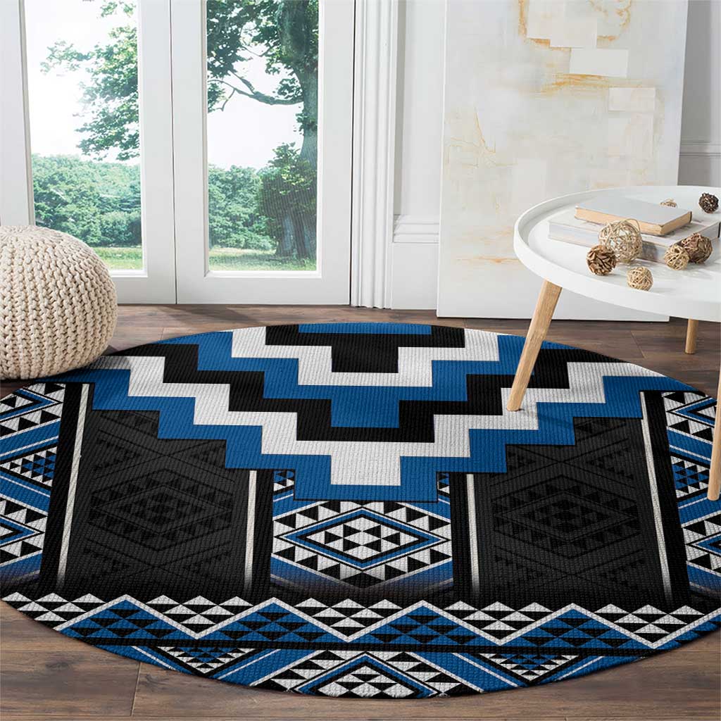 Blue Taniko Aotearoa Round Carpet Niho Taniwha Mix Poutama LT14