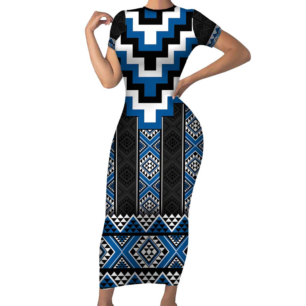 Blue Taniko Aotearoa Short Sleeve Bodycon Dress Niho Taniwha Mix Poutama LT14