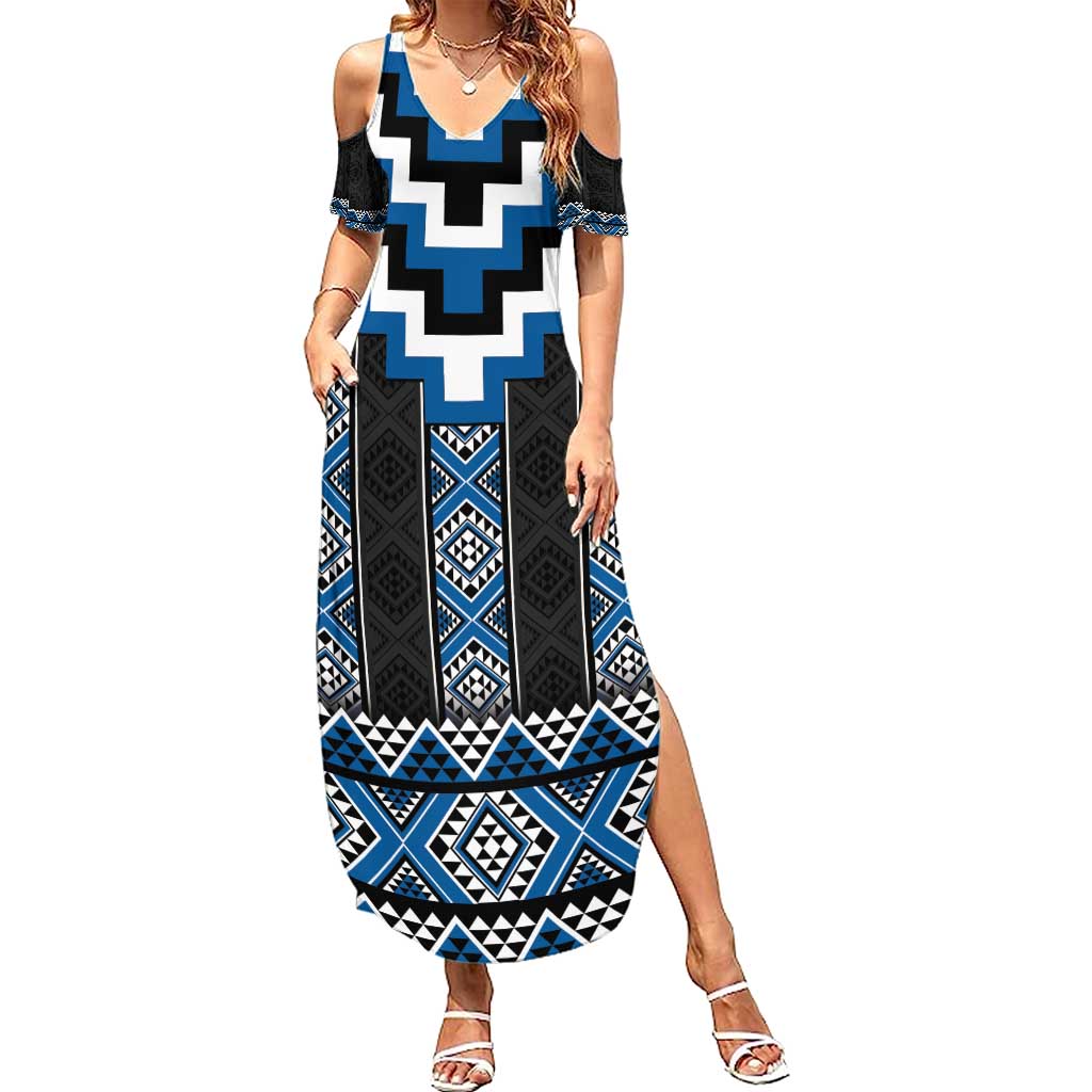 Blue Taniko Aotearoa Summer Maxi Dress Niho Taniwha Mix Poutama LT14