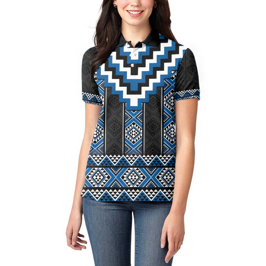 Blue Taniko Aotearoa Women Polo Shirt Niho Taniwha Mix Poutama LT14
