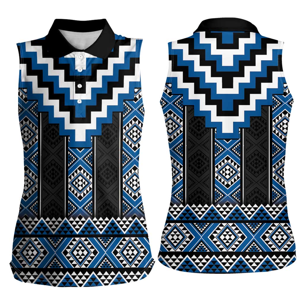 Blue Taniko Aotearoa Women Sleeveless Polo Shirt Niho Taniwha Mix Poutama LT14