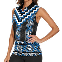 Blue Taniko Aotearoa Women Sleeveless Polo Shirt Niho Taniwha Mix Poutama LT14