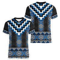 Blue Taniko Aotearoa Women V-Neck T-Shirt Niho Taniwha Mix Poutama LT14