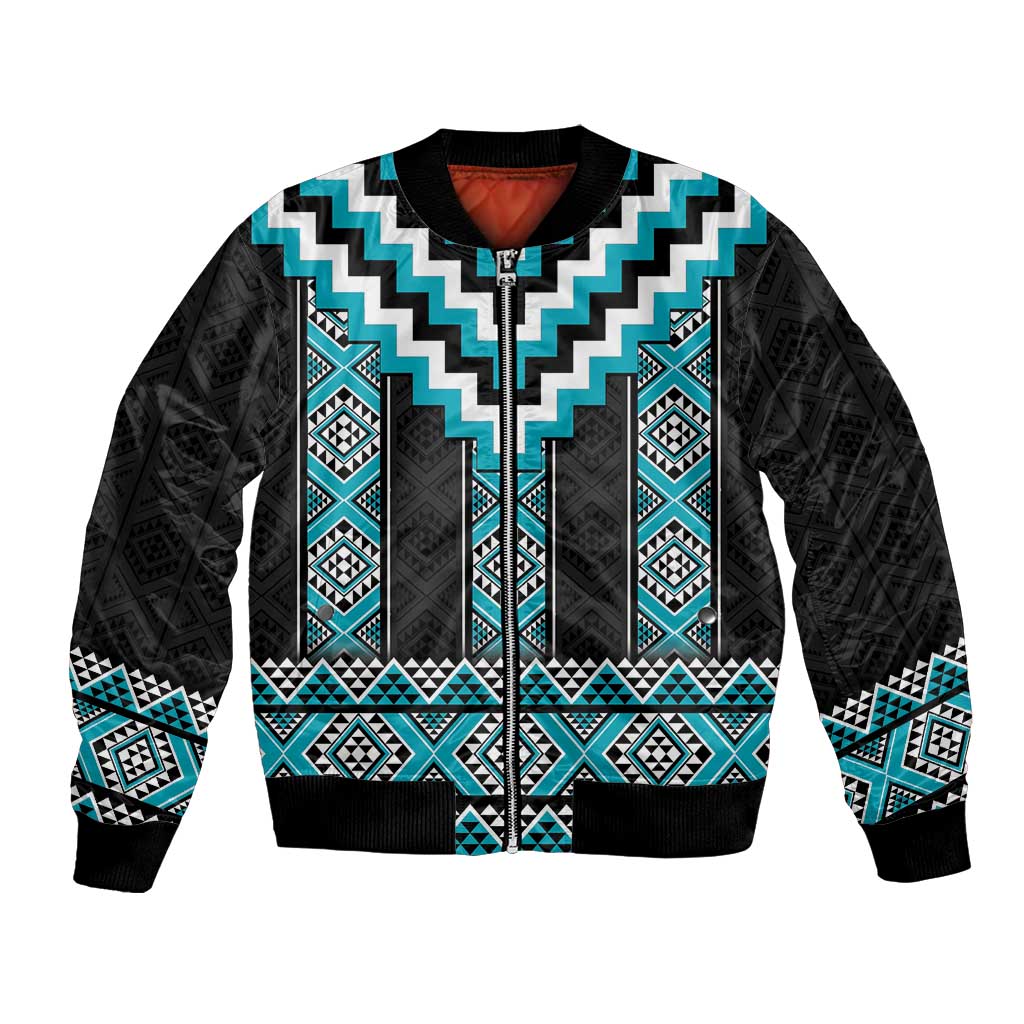 Turquoise Taniko Pattern Aotearoa Bomber Jacket Niho Taniwha Mix Poutama LT14