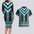 Turquoise Taniko Pattern Aotearoa Couples Matching Long Sleeve Bodycon Dress and Hawaiian Shirt Niho Taniwha Mix Poutama LT14