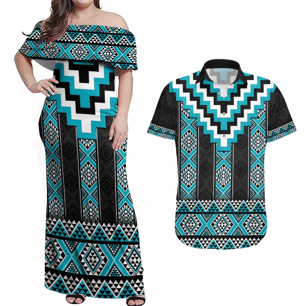 Turquoise Taniko Pattern Aotearoa Couples Matching Off Shoulder Maxi Dress and Hawaiian Shirt Niho Taniwha Mix Poutama LT14