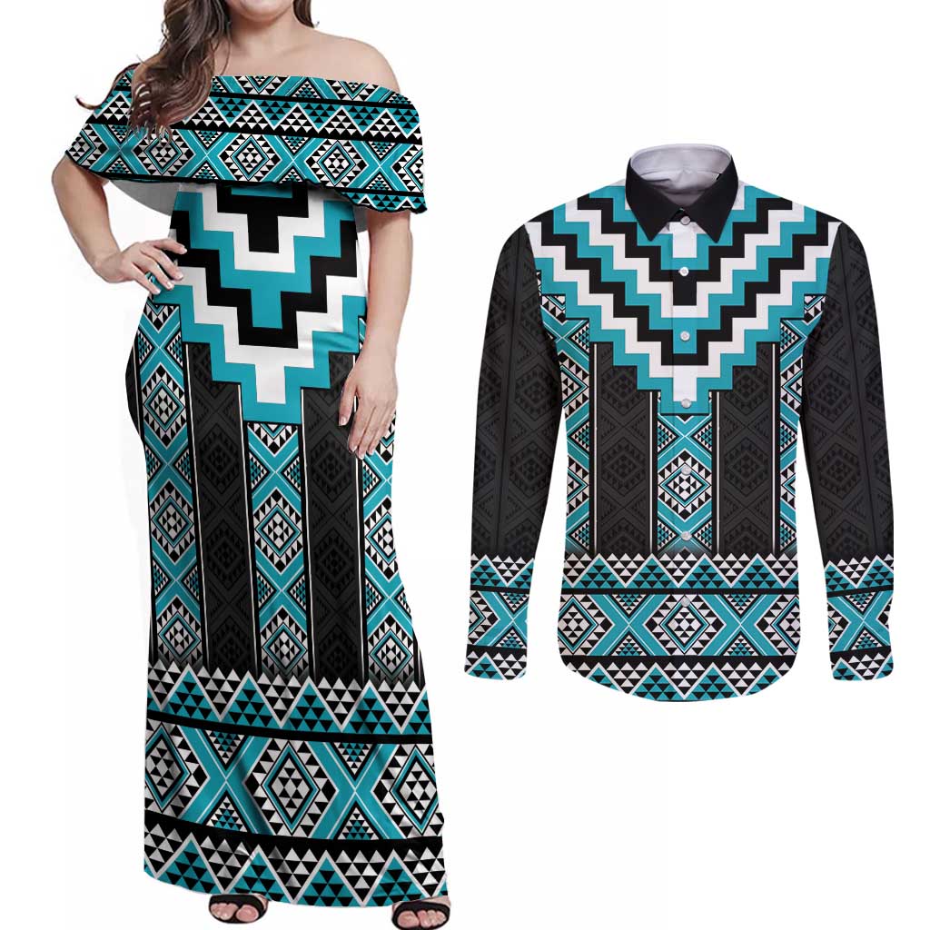 Turquoise Taniko Pattern Aotearoa Couples Matching Off Shoulder Maxi Dress and Long Sleeve Button Shirt Niho Taniwha Mix Poutama LT14