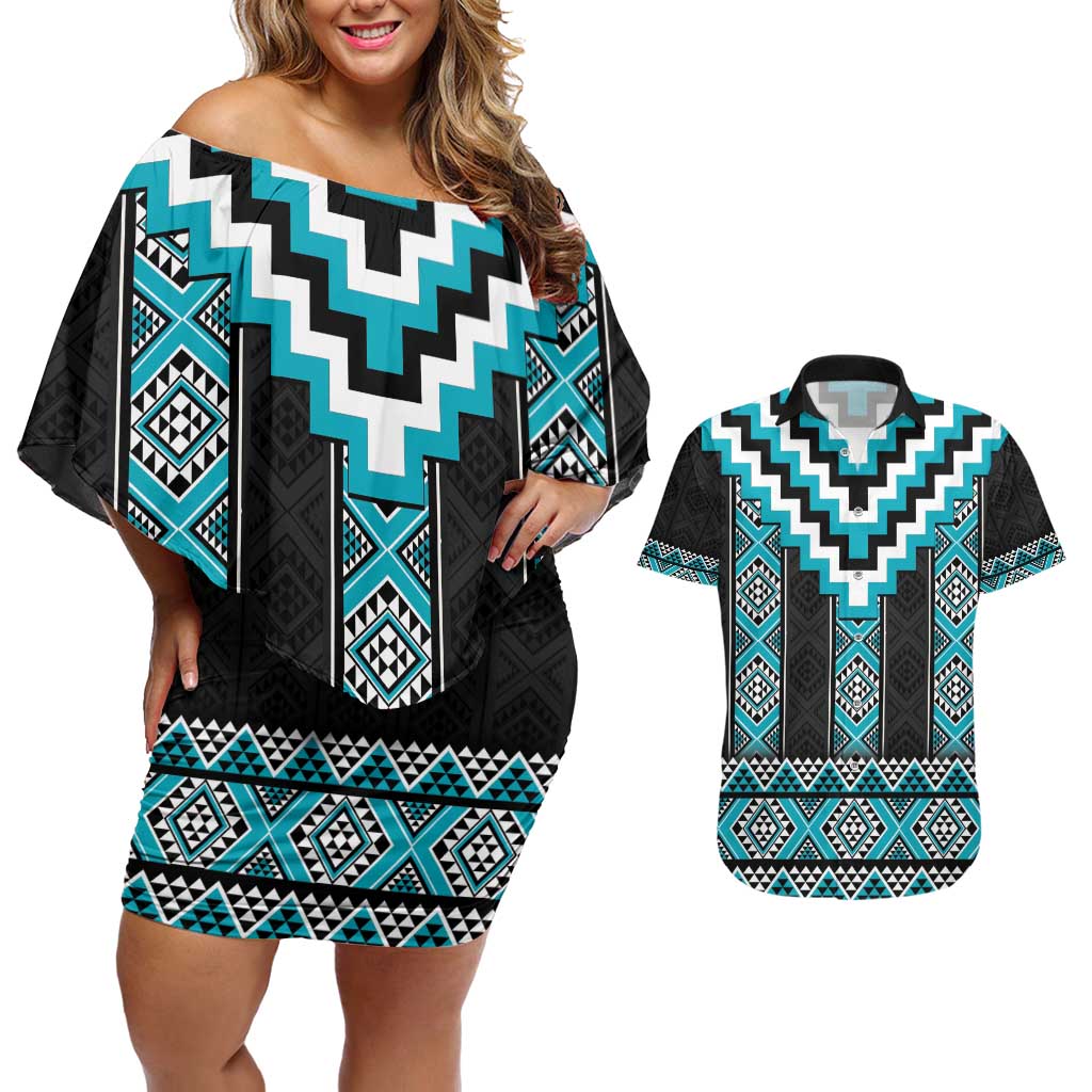 Turquoise Taniko Pattern Aotearoa Couples Matching Off Shoulder Short Dress and Hawaiian Shirt Niho Taniwha Mix Poutama LT14
