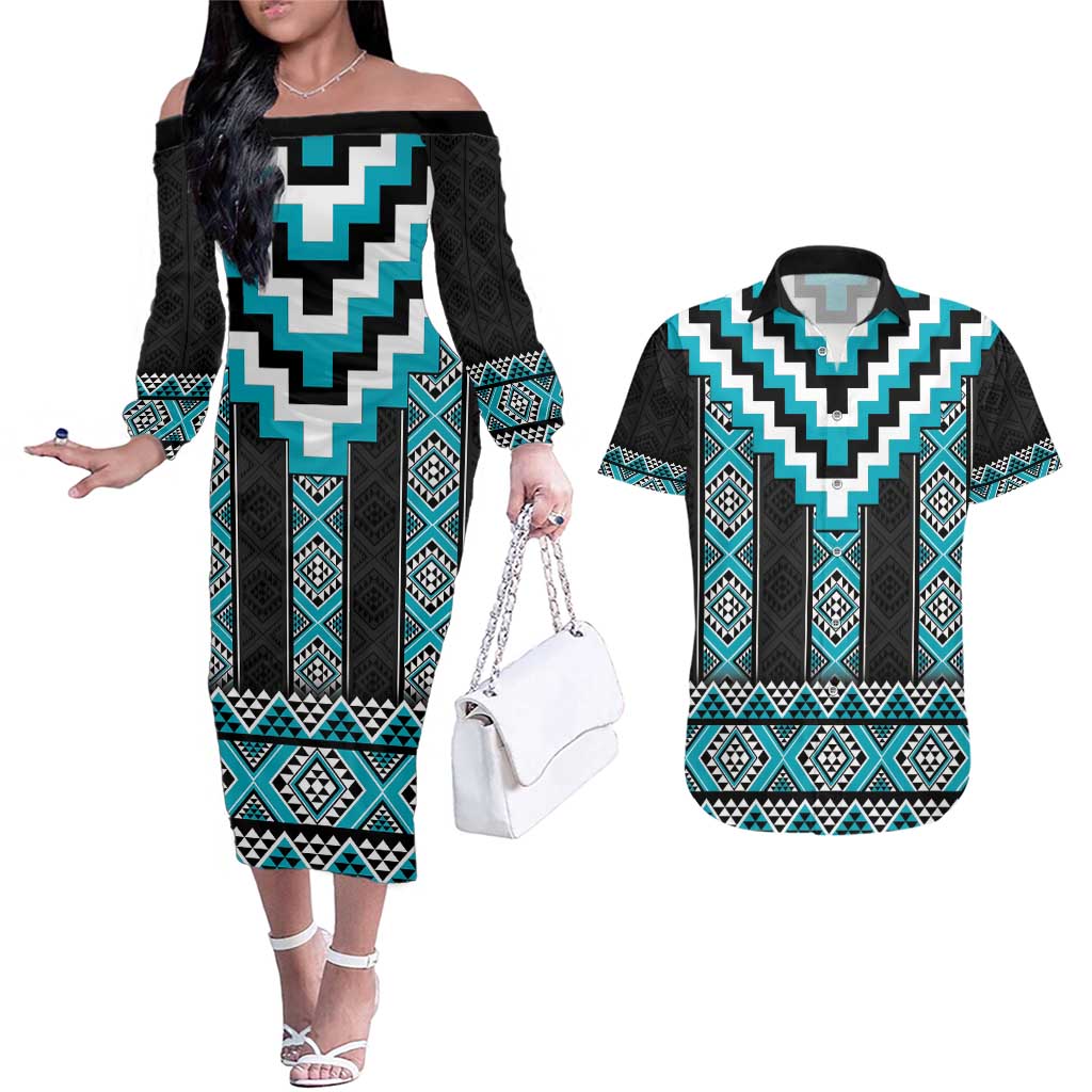 Turquoise Taniko Pattern Aotearoa Couples Matching Off The Shoulder Long Sleeve Dress and Hawaiian Shirt Niho Taniwha Mix Poutama LT14