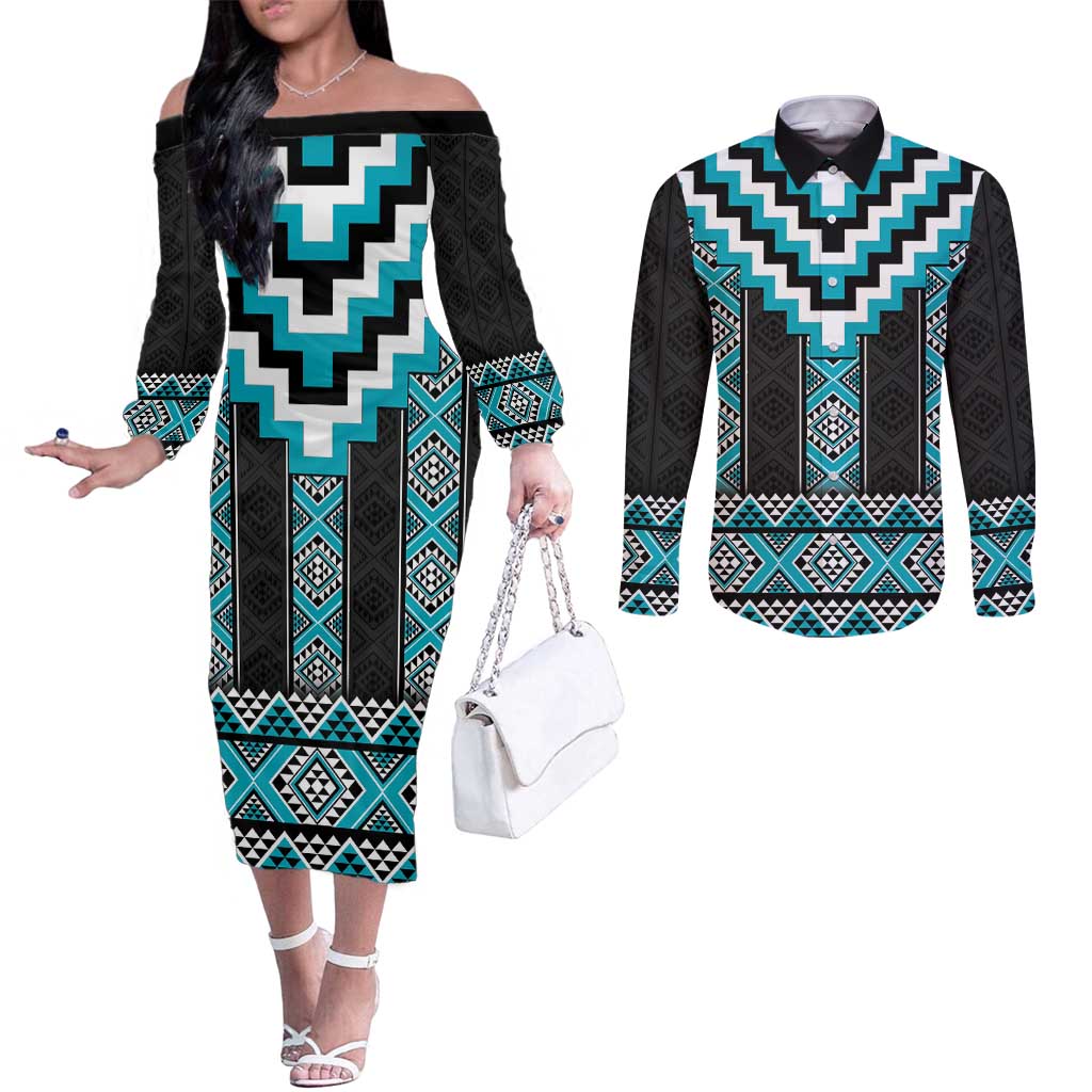 Turquoise Taniko Pattern Aotearoa Couples Matching Off The Shoulder Long Sleeve Dress and Long Sleeve Button Shirt Niho Taniwha Mix Poutama LT14