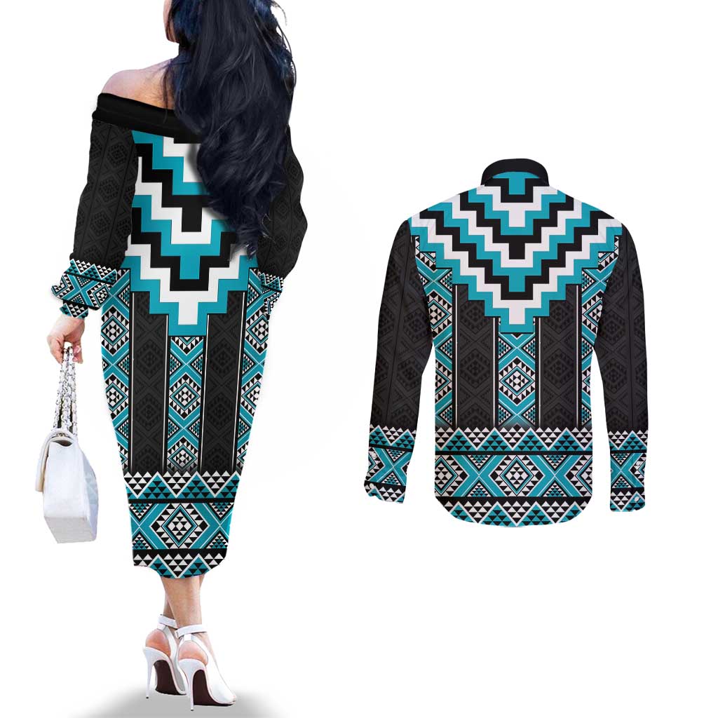 Turquoise Taniko Pattern Aotearoa Couples Matching Off The Shoulder Long Sleeve Dress and Long Sleeve Button Shirt Niho Taniwha Mix Poutama LT14