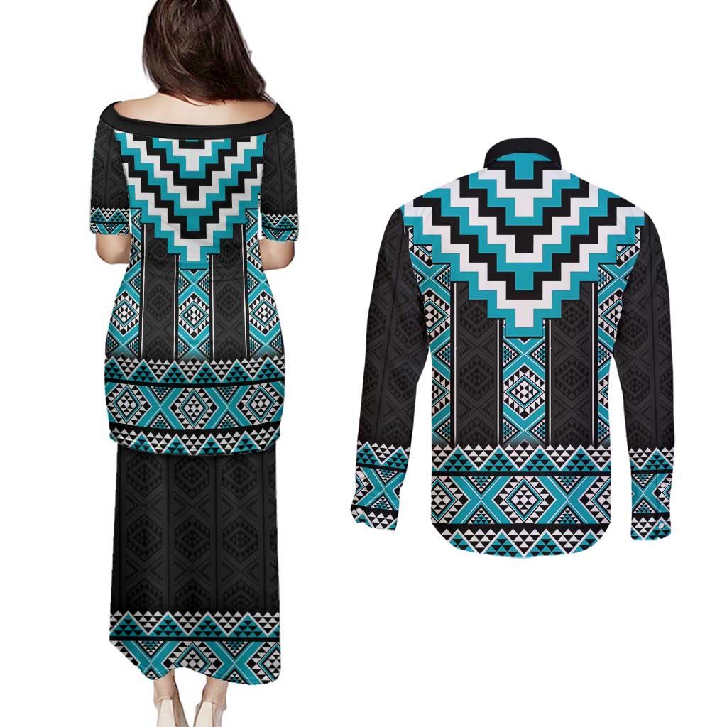 Turquoise Taniko Pattern Aotearoa Couples Matching Puletasi and Long Sleeve Button Shirt Niho Taniwha Mix Poutama LT14