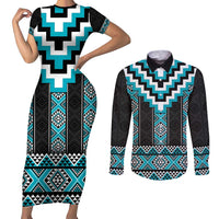 Turquoise Taniko Pattern Aotearoa Couples Matching Short Sleeve Bodycon Dress and Long Sleeve Button Shirt Niho Taniwha Mix Poutama LT14