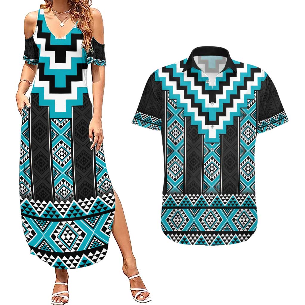 Turquoise Taniko Pattern Aotearoa Couples Matching Summer Maxi Dress and Hawaiian Shirt Niho Taniwha Mix Poutama LT14