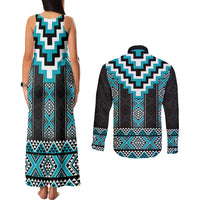 Turquoise Taniko Pattern Aotearoa Couples Matching Tank Maxi Dress and Long Sleeve Button Shirt Niho Taniwha Mix Poutama LT14