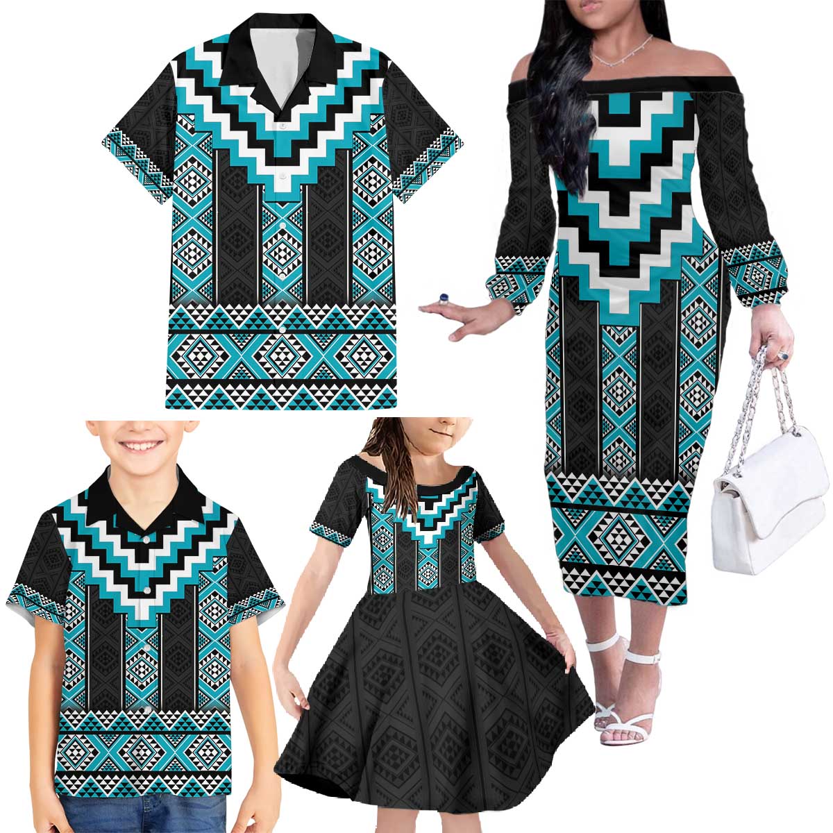 Turquoise Taniko Pattern Aotearoa Family Matching Off The Shoulder Long Sleeve Dress and Hawaiian Shirt Niho Taniwha Mix Poutama LT14