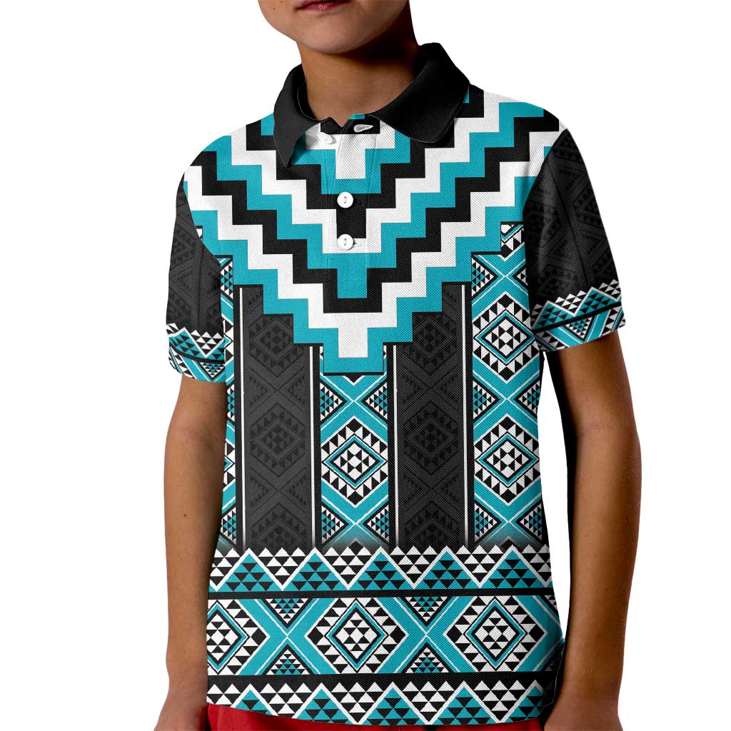 Turquoise Taniko Pattern Aotearoa Kid Polo Shirt Niho Taniwha Mix Poutama LT14