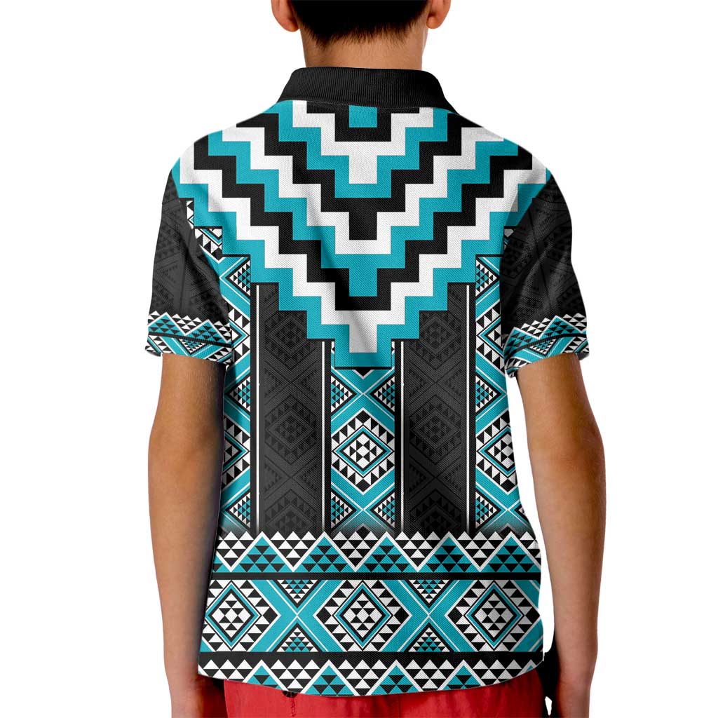 Turquoise Taniko Pattern Aotearoa Kid Polo Shirt Niho Taniwha Mix Poutama LT14