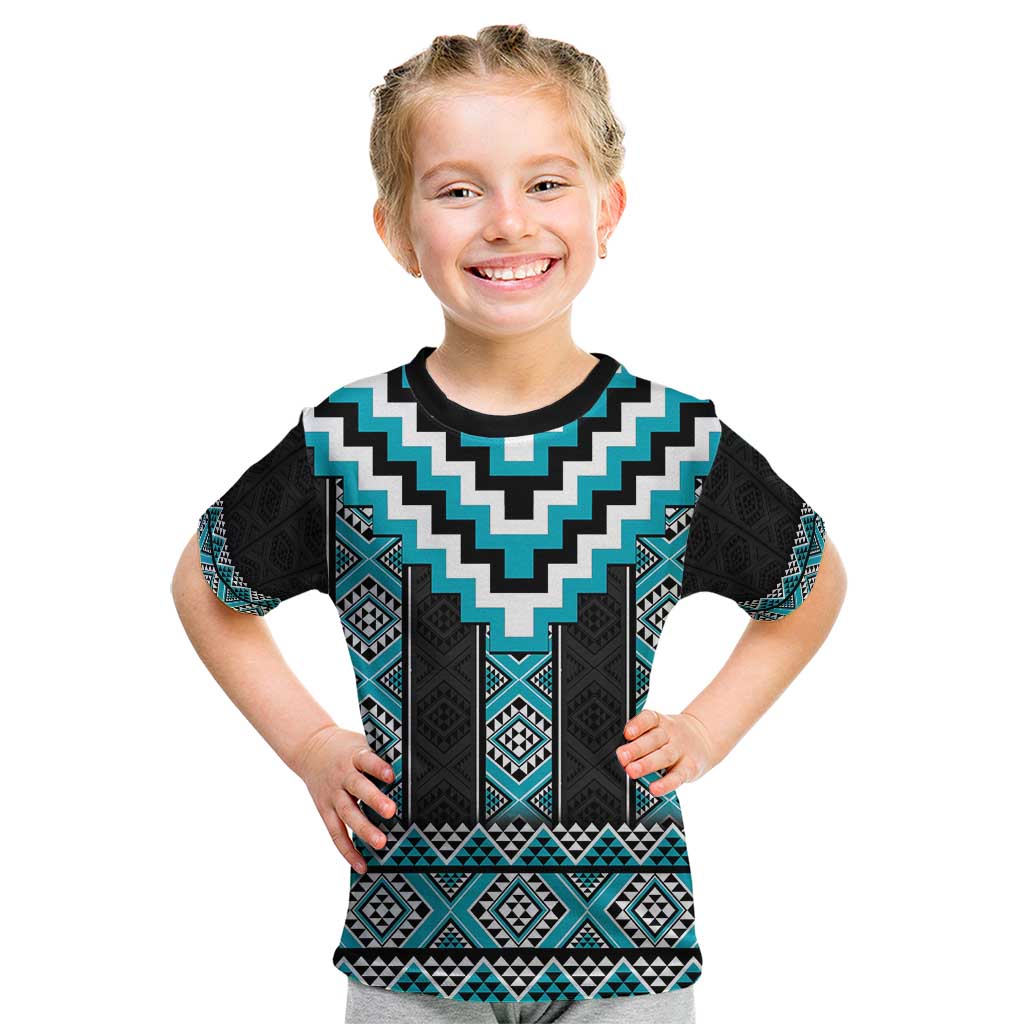 Turquoise Taniko Pattern Aotearoa Kid T Shirt Niho Taniwha Mix Poutama LT14