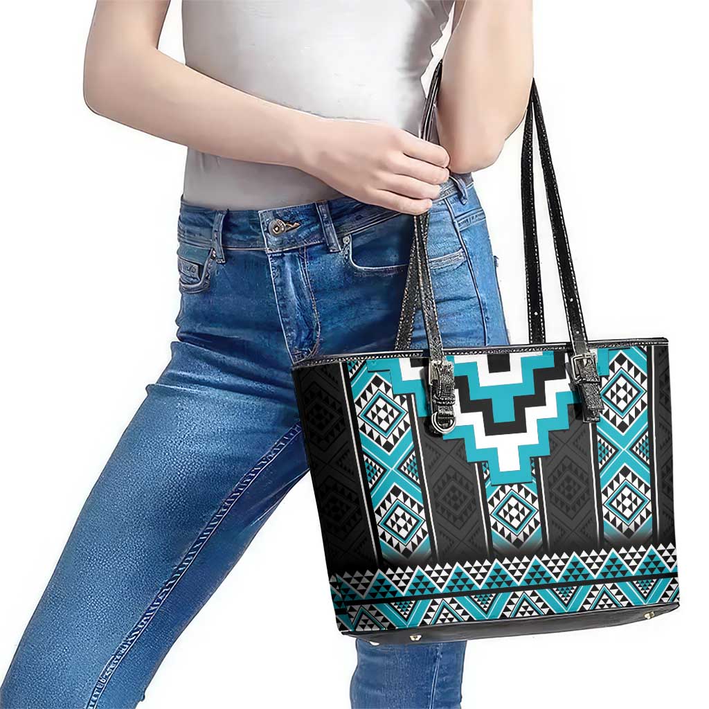 Turquoise Taniko Pattern Aotearoa Leather Tote Bag Niho Taniwha Mix Poutama