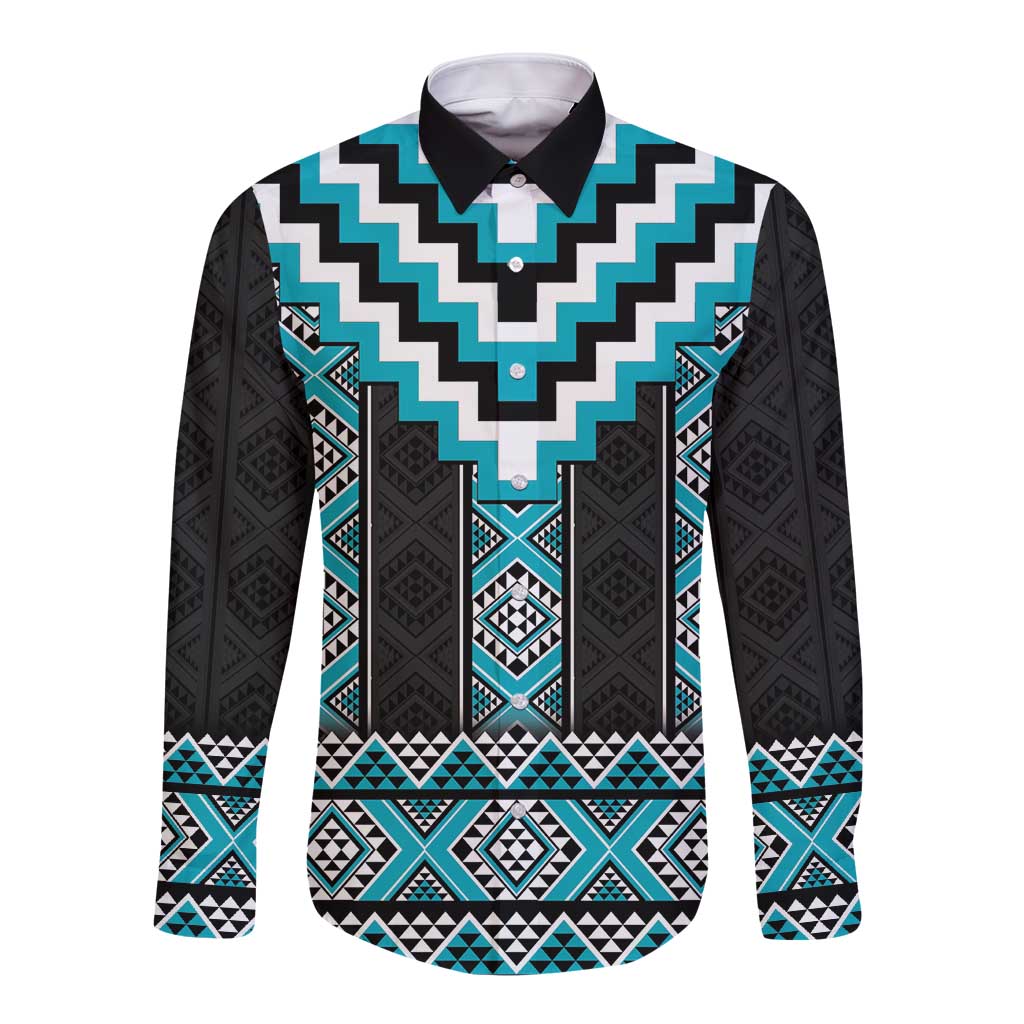 Turquoise Taniko Pattern Aotearoa Long Sleeve Button Shirt Niho Taniwha Mix Poutama LT14