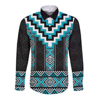 Turquoise Taniko Pattern Aotearoa Long Sleeve Button Shirt Niho Taniwha Mix Poutama LT14