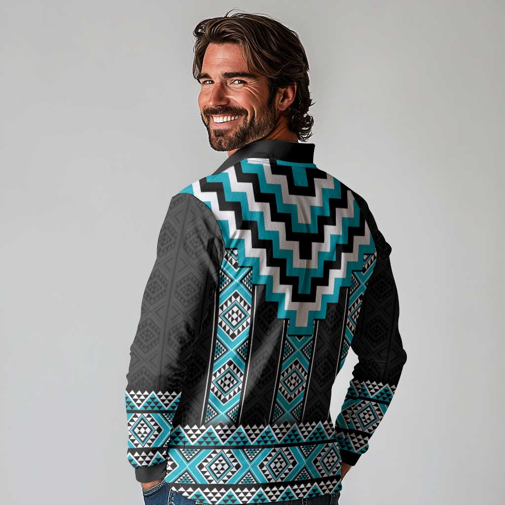 Turquoise Taniko Pattern Aotearoa Long Sleeve Polo Shirt Niho Taniwha Mix Poutama LT14