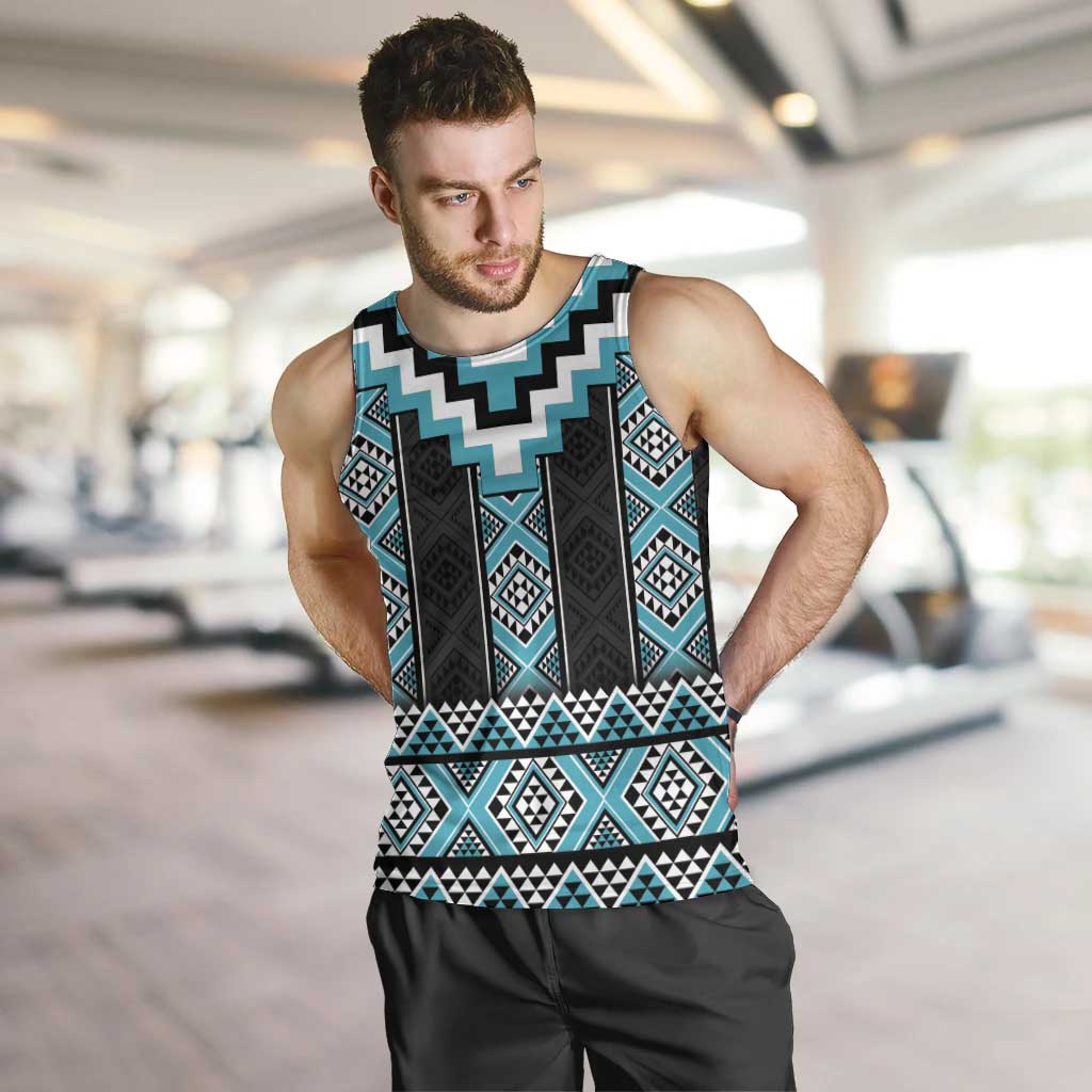 Turquoise Taniko Pattern Aotearoa Men Tank Top Niho Taniwha Mix Poutama LT14