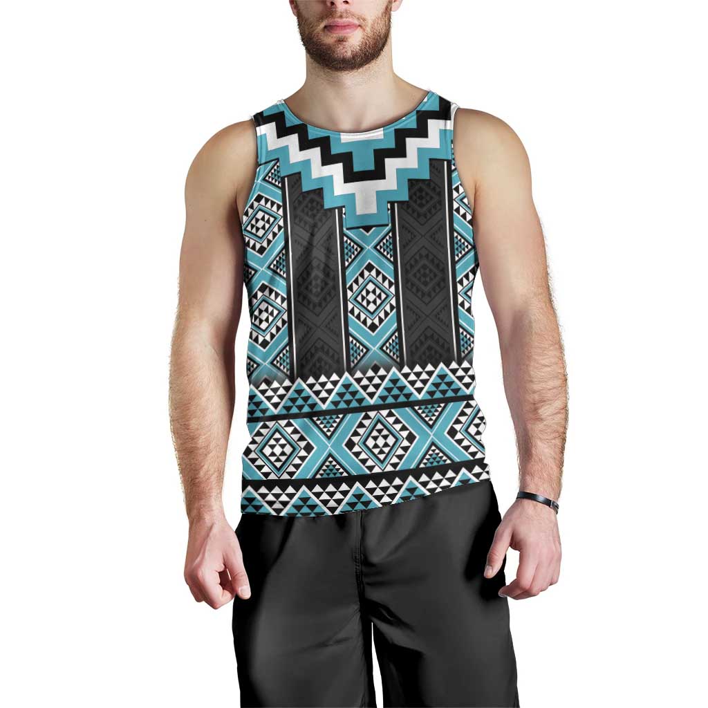 Turquoise Taniko Pattern Aotearoa Men Tank Top Niho Taniwha Mix Poutama LT14