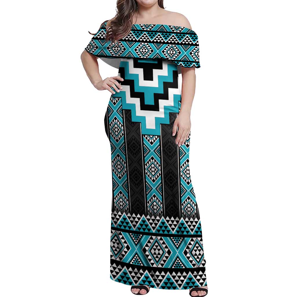 Turquoise Taniko Pattern Aotearoa Off Shoulder Maxi Dress Niho Taniwha Mix Poutama LT14 Women Turquoise - Polynesian Pride