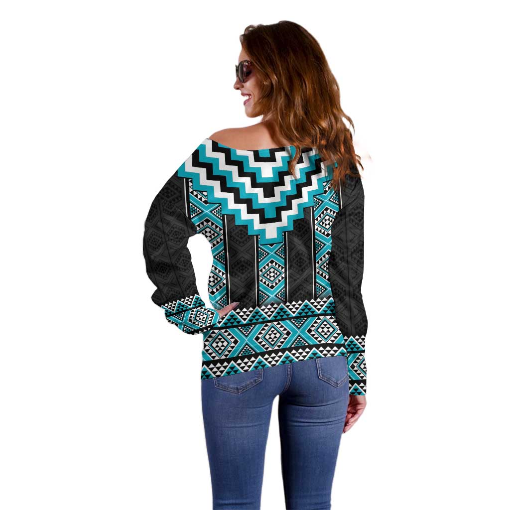 Turquoise Taniko Pattern Aotearoa Off Shoulder Sweater Niho Taniwha Mix Poutama LT14