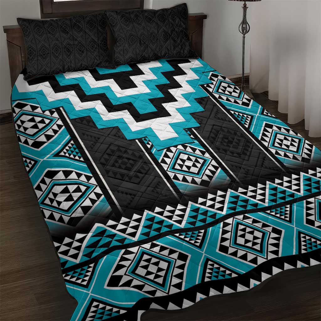 Turquoise Taniko Pattern Aotearoa Quilt Bed Set Niho Taniwha Mix Poutama