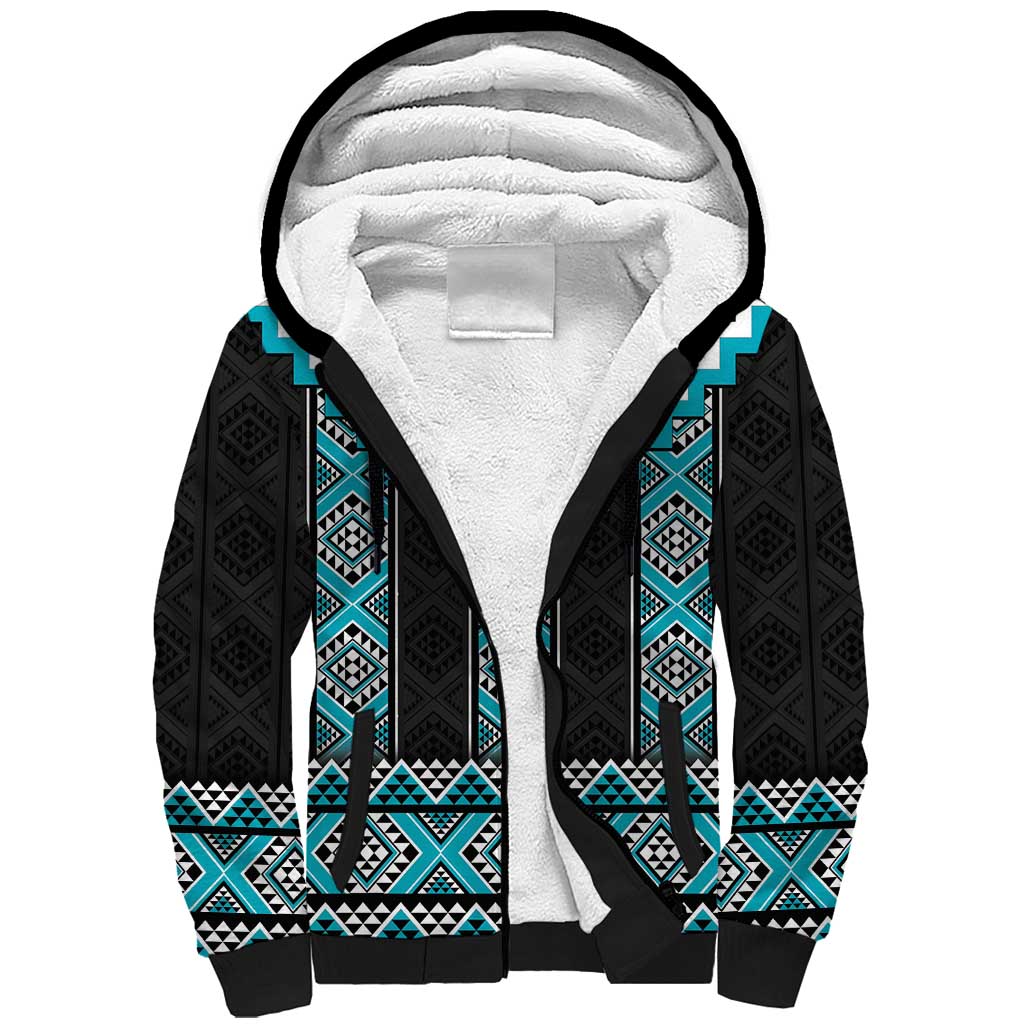 Turquoise Taniko Pattern Aotearoa Sherpa Hoodie Niho Taniwha Mix Poutama LT14