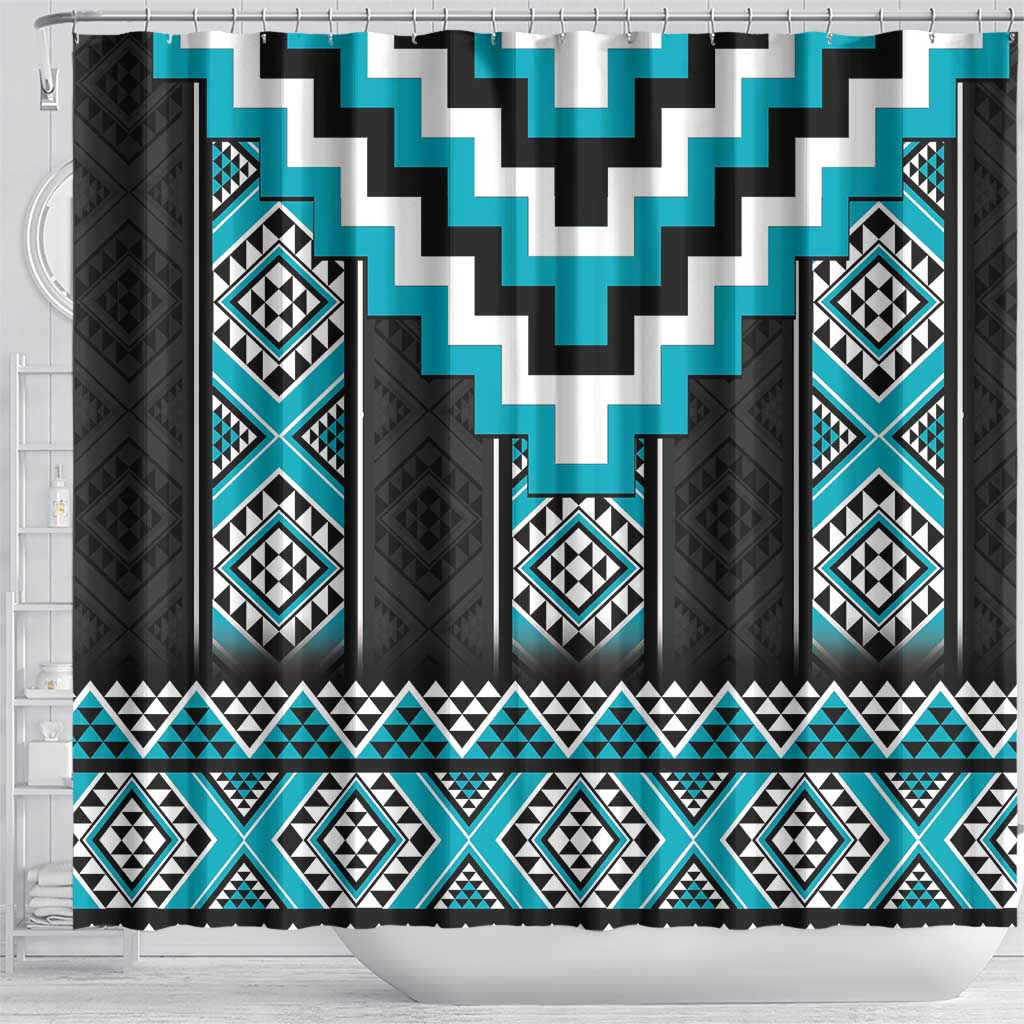 Turquoise Taniko Pattern Aotearoa Shower Curtain Niho Taniwha Mix Poutama