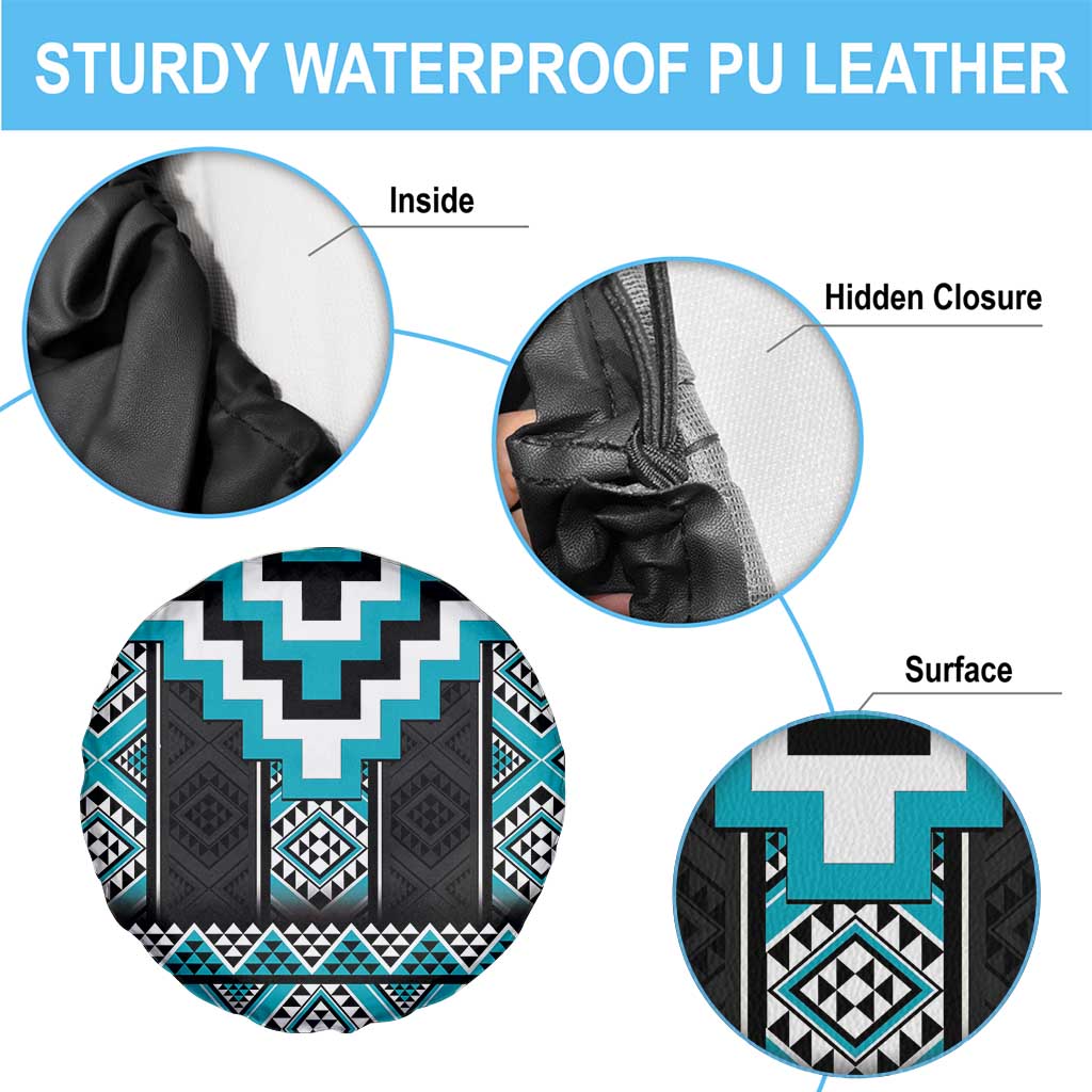 Turquoise Taniko Pattern Aotearoa Spare Tire Cover Niho Taniwha Mix Poutama