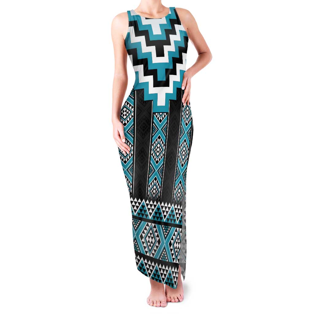 Turquoise Taniko Pattern Aotearoa Tank Maxi Dress Niho Taniwha Mix Poutama LT14