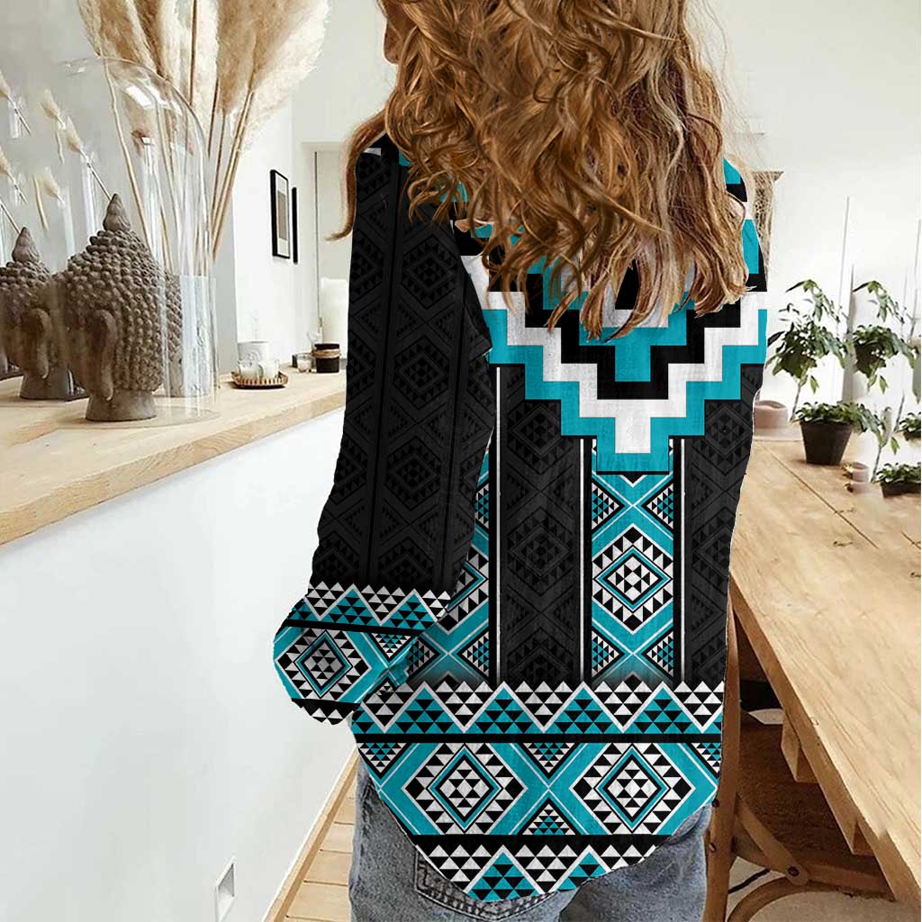 Turquoise Taniko Pattern Aotearoa Women Casual Shirt Niho Taniwha Mix Poutama LT14 - Polynesian Pride