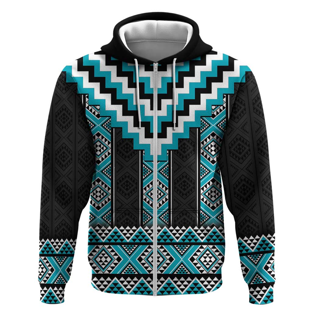 Turquoise Taniko Pattern Aotearoa Zip Hoodie Niho Taniwha Mix Poutama LT14 Zip Hoodie Turquoise - Polynesian Pride