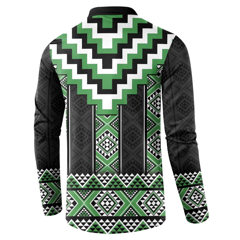 Green Taniko Pattern Aotearoa Button Sweatshirt Niho Taniwha Mix Poutama LT14