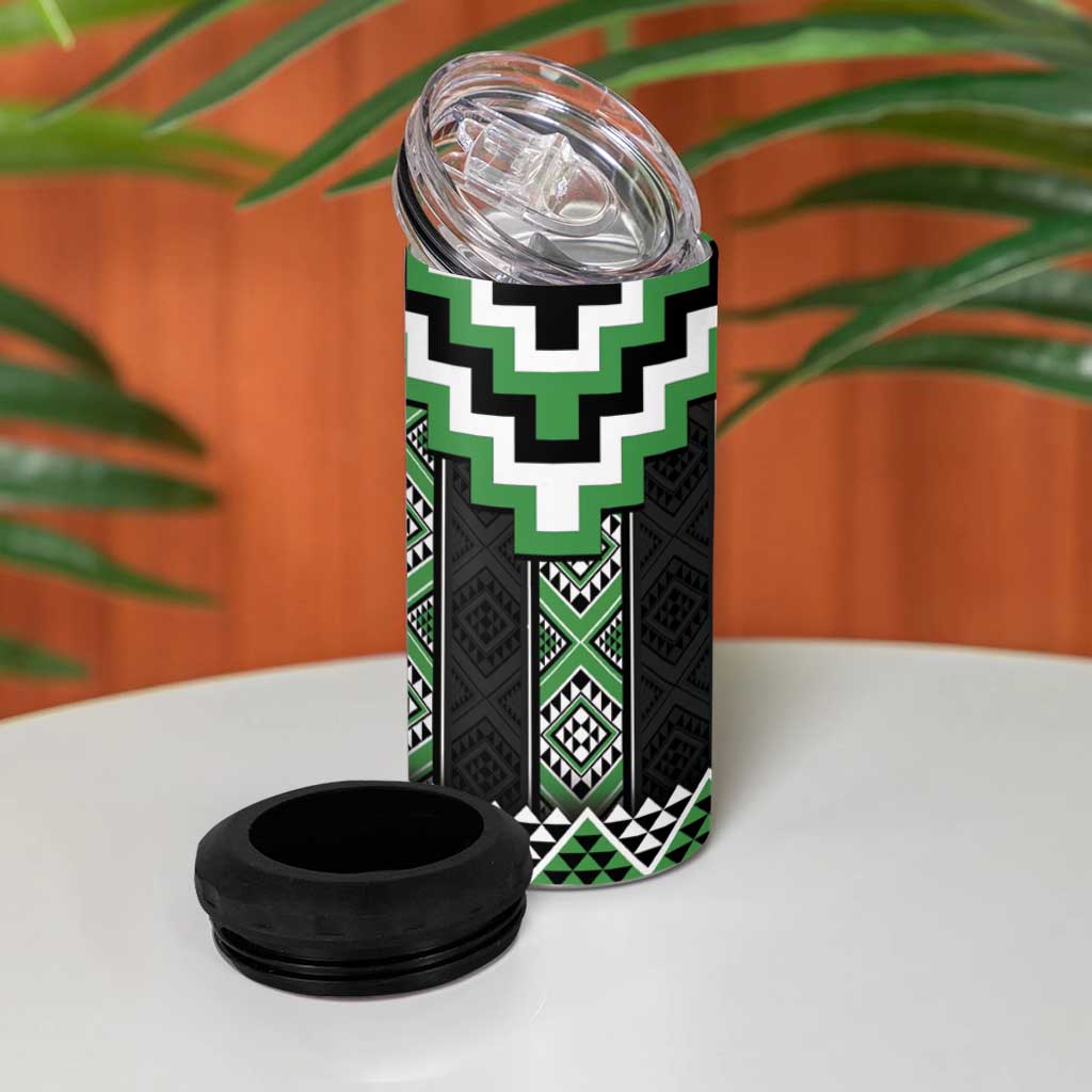 Green Taniko Pattern Aotearoa 4 in 1 Can Cooler Tumbler Niho Taniwha Mix Poutama LT14