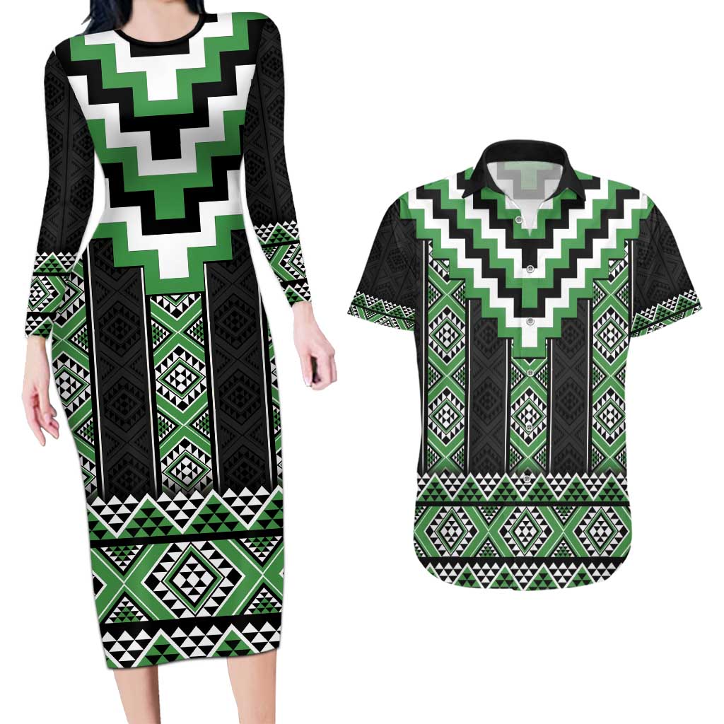 Green Taniko Pattern Aotearoa Couples Matching Long Sleeve Bodycon Dress and Hawaiian Shirt Niho Taniwha Mix Poutama LT14